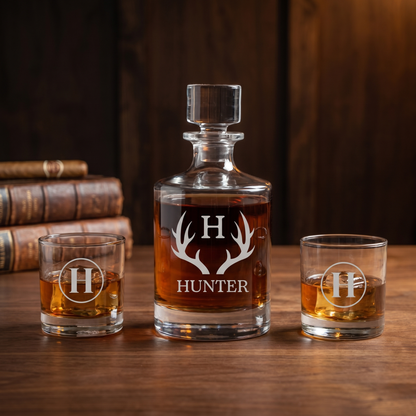 Engraved Barrel Decanter Set - HUNTER antler monogram personalized whiskey decanter and two glasses, 3/4 angle with leather books