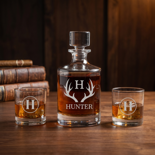 Engraved Barrel Decanter Set - HUNTER antler monogram personalized whiskey decanter and two glasses, 3/4 angle with leather books