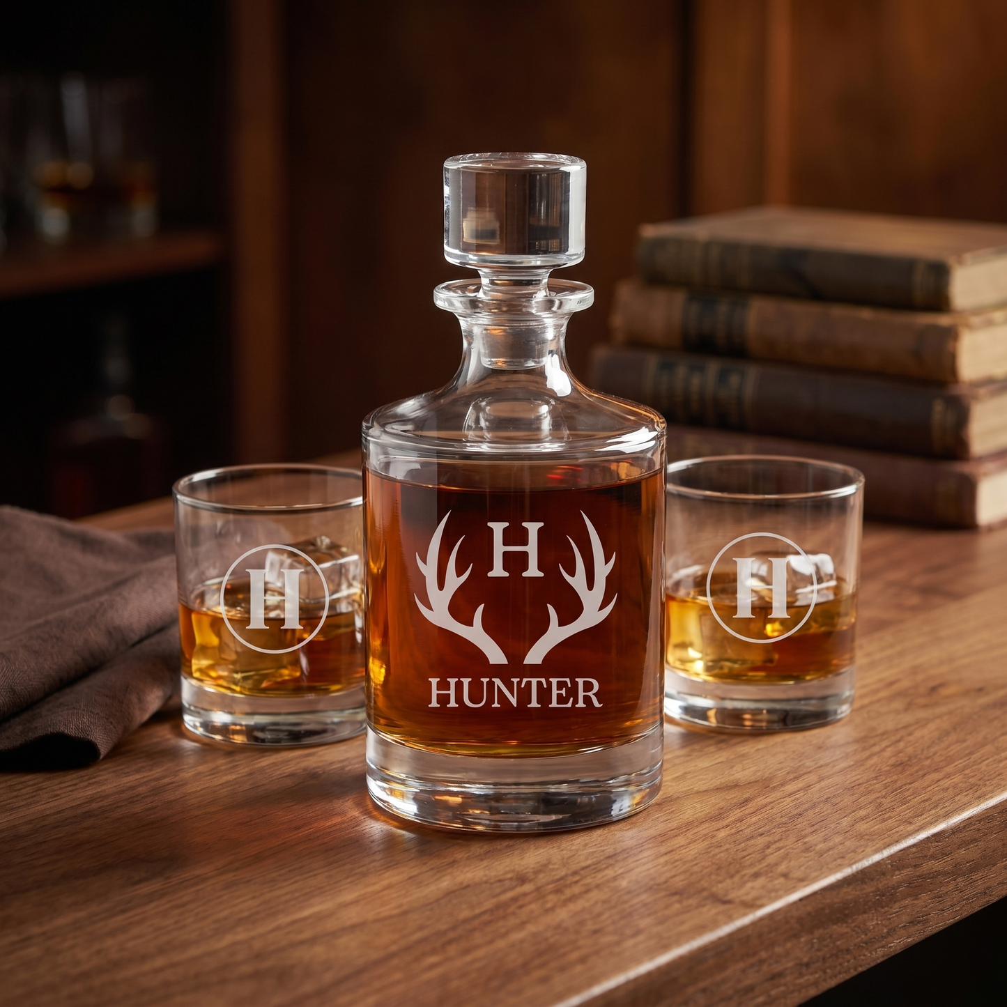 Engraved Barrel Decanter Set - HUNTER antler monogram crystal decanter and two lowball glasses, warm library styling
