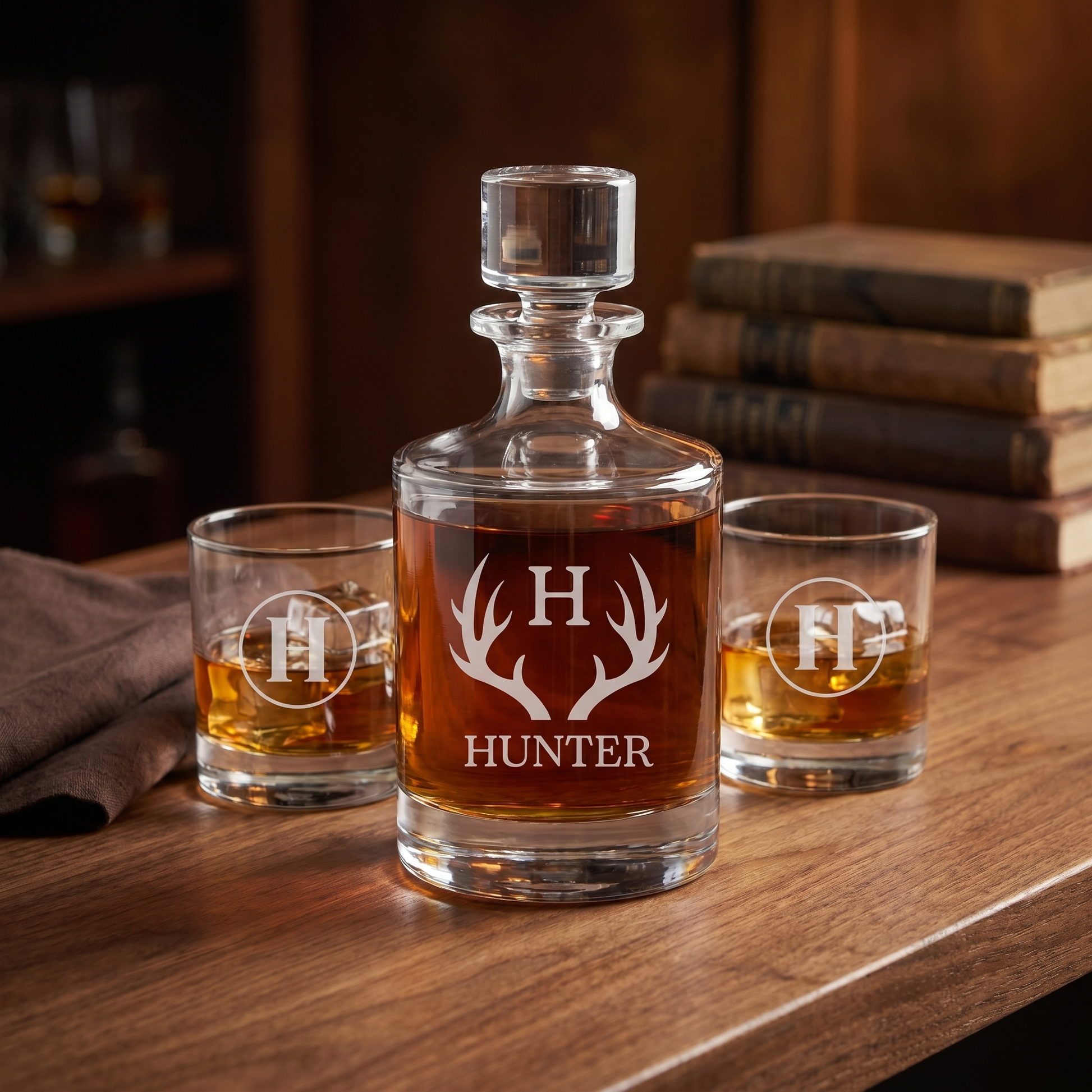 Engraved Barrel Decanter Set - HUNTER antler monogram crystal decanter and two lowball glasses, warm library styling