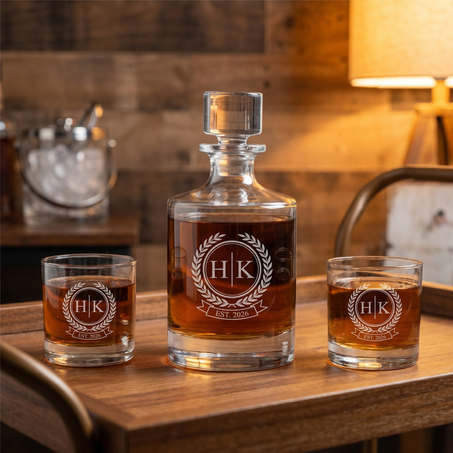Engraved barrel decanter set with monogram crest badge design, groomsmen gift set