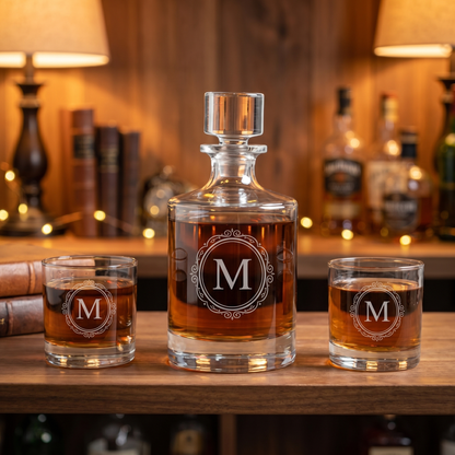 Personalized whiskey decanter set engraved with single-initial framed monogram on a warm home bar