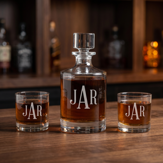 Engraved barrel decanter set with three-initial monogram and two matching whiskey glasses