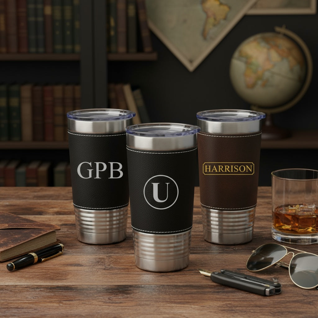 Engraved Black & Rustic Stainless Leather Wrapped Tumblers