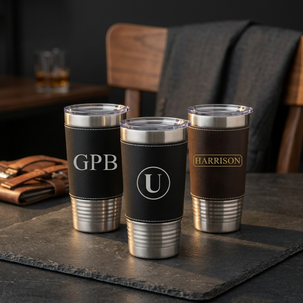 Engraved Black & Rustic Stainless Leather Wrapped Tumblers