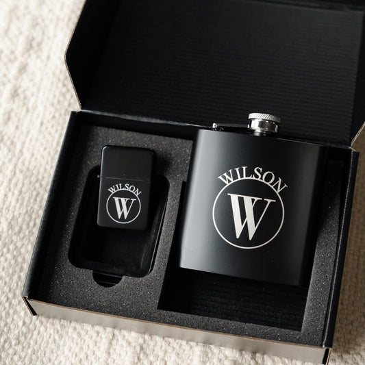 Engraved Black Flask & Lighter Gift Set