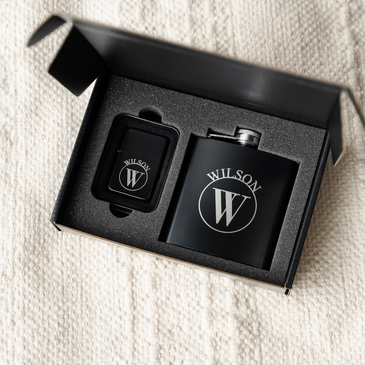 Engraved black flask and lighter foam insert gift box for groomsmen
