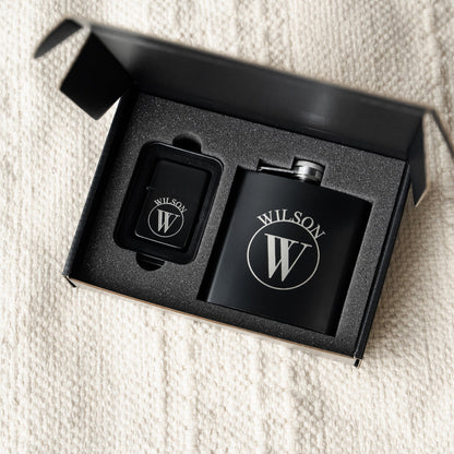 Engraved black flask and lighter foam insert gift box for groomsmen
