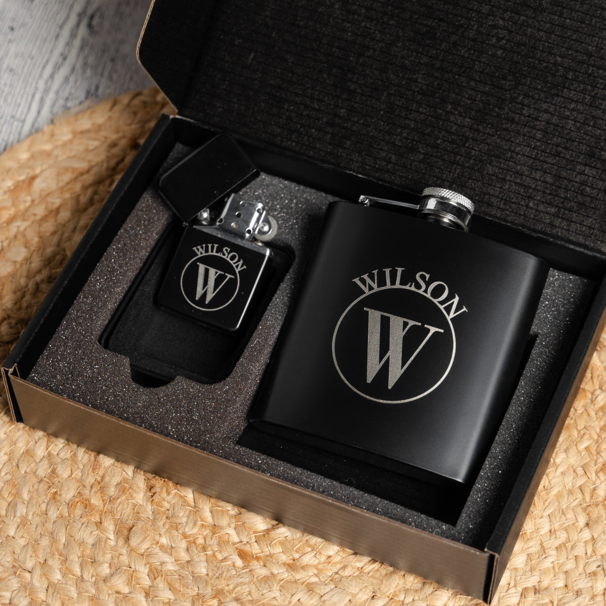 Engraved black stainless flask and lighter bachelor party gift