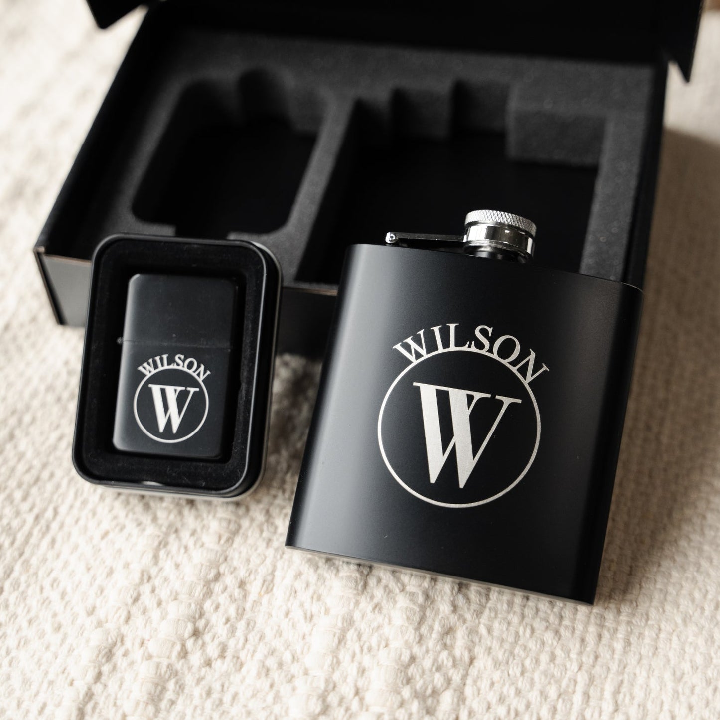 Black flask lighter set in gift box groomsman proposal gift