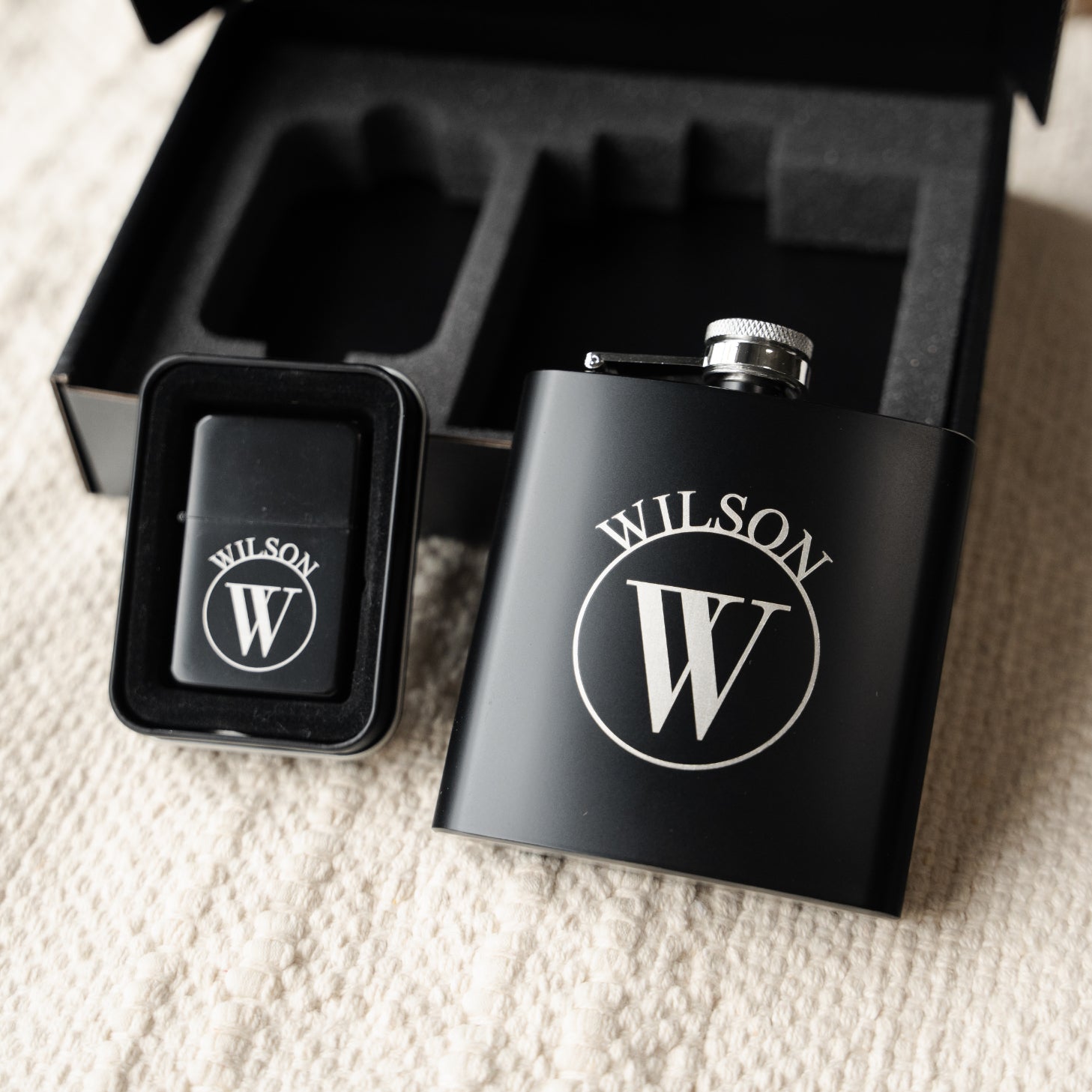 Black flask lighter set in gift box groomsman proposal gift