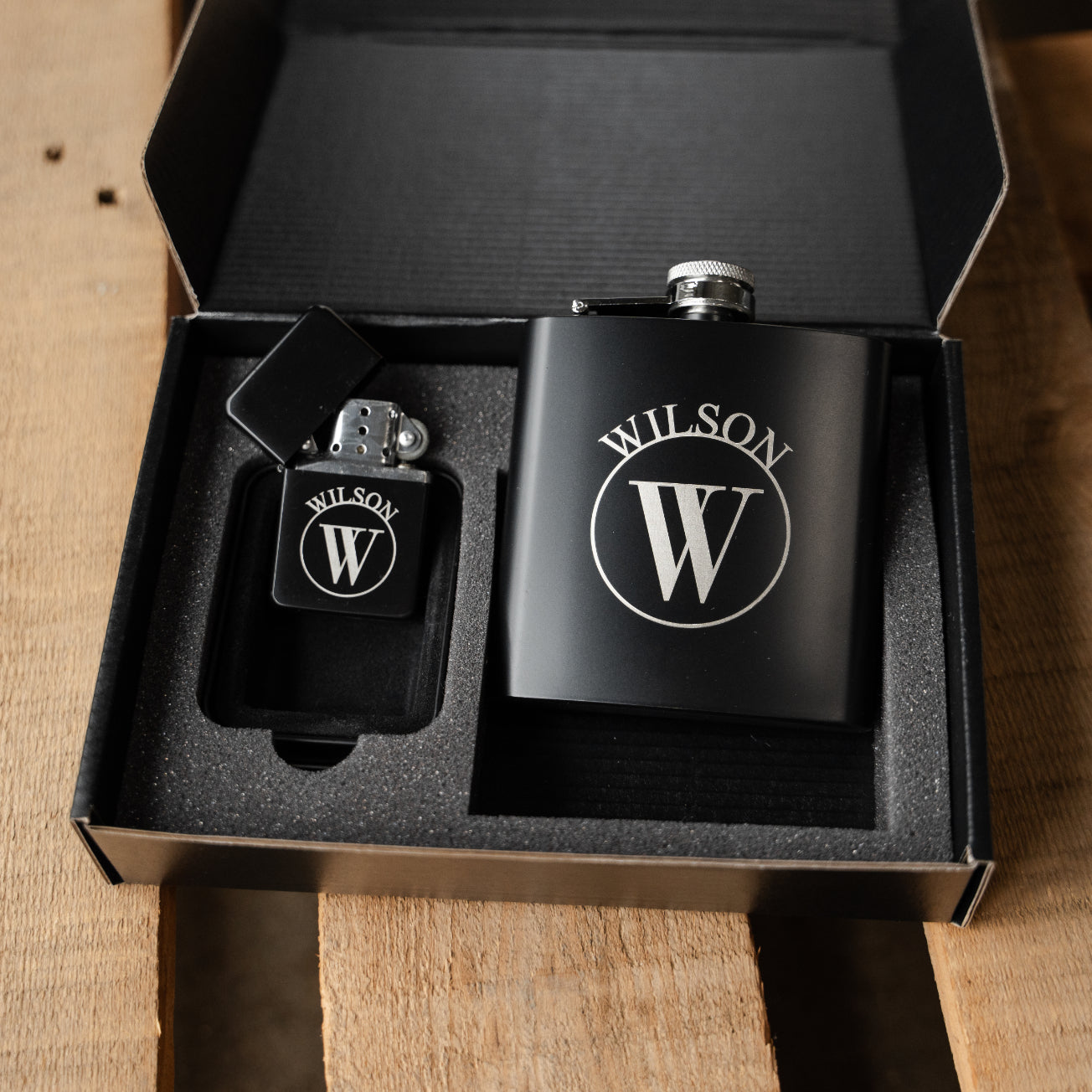 Custom etched black flask lighter set Father's Day gift