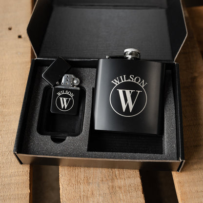 Custom etched black flask lighter set Father's Day gift