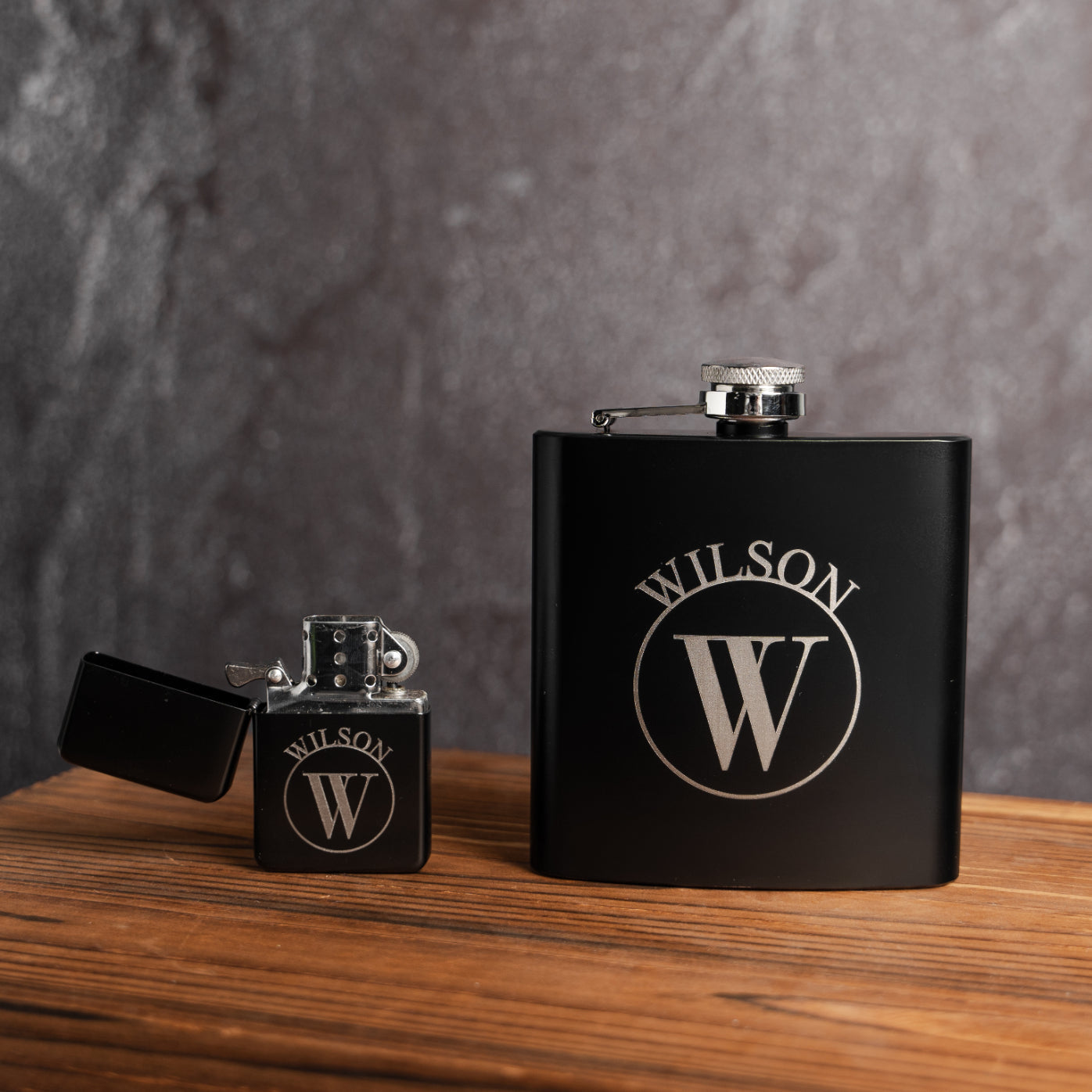 Black flask and lighter monogram engraving wedding party gift