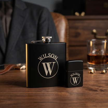 Engraved Black Flask & Lighter Gift Set
