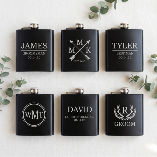 Engraved Black Powder Coated Flask - group lineup of 6 flasks with different engraving designs for the whole wedding party