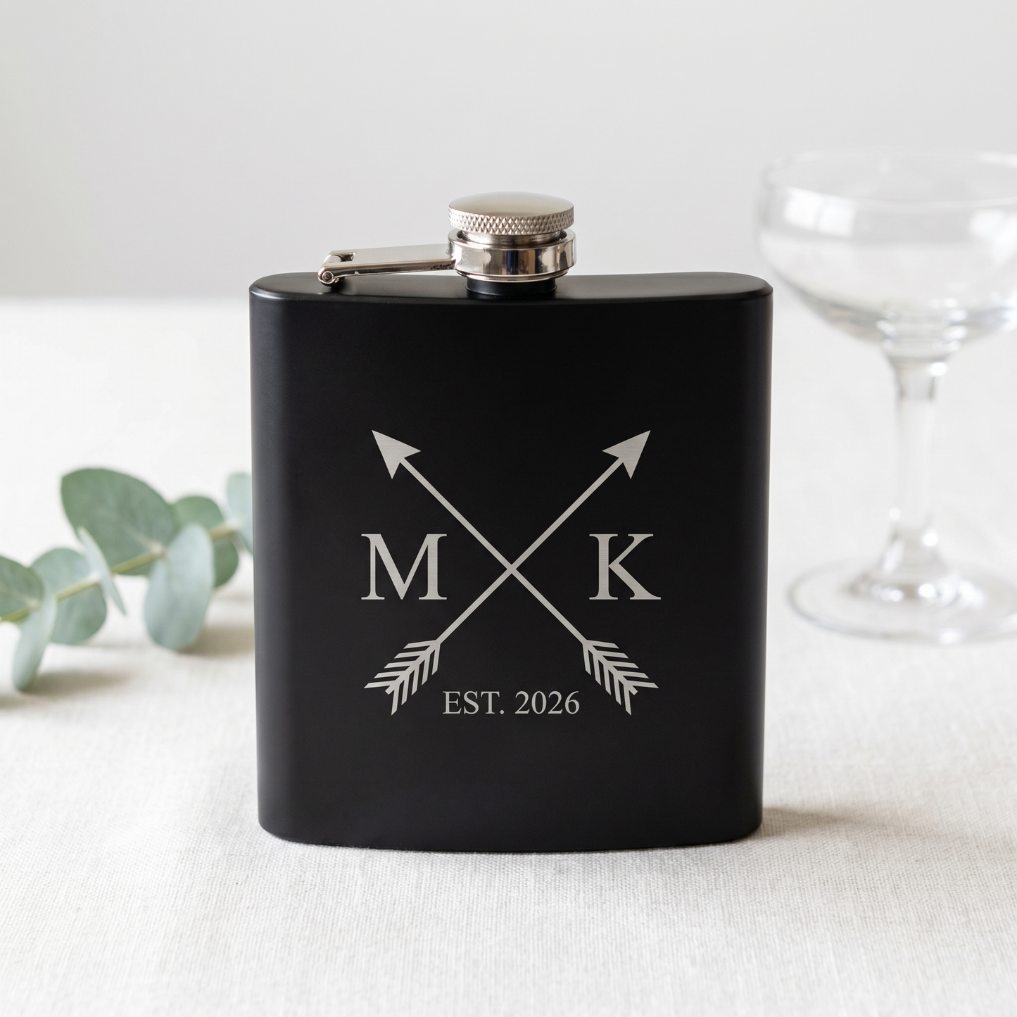 Engraved Black Powder Coated Flask - M and K crossed-arrows monogram with EST. 2026