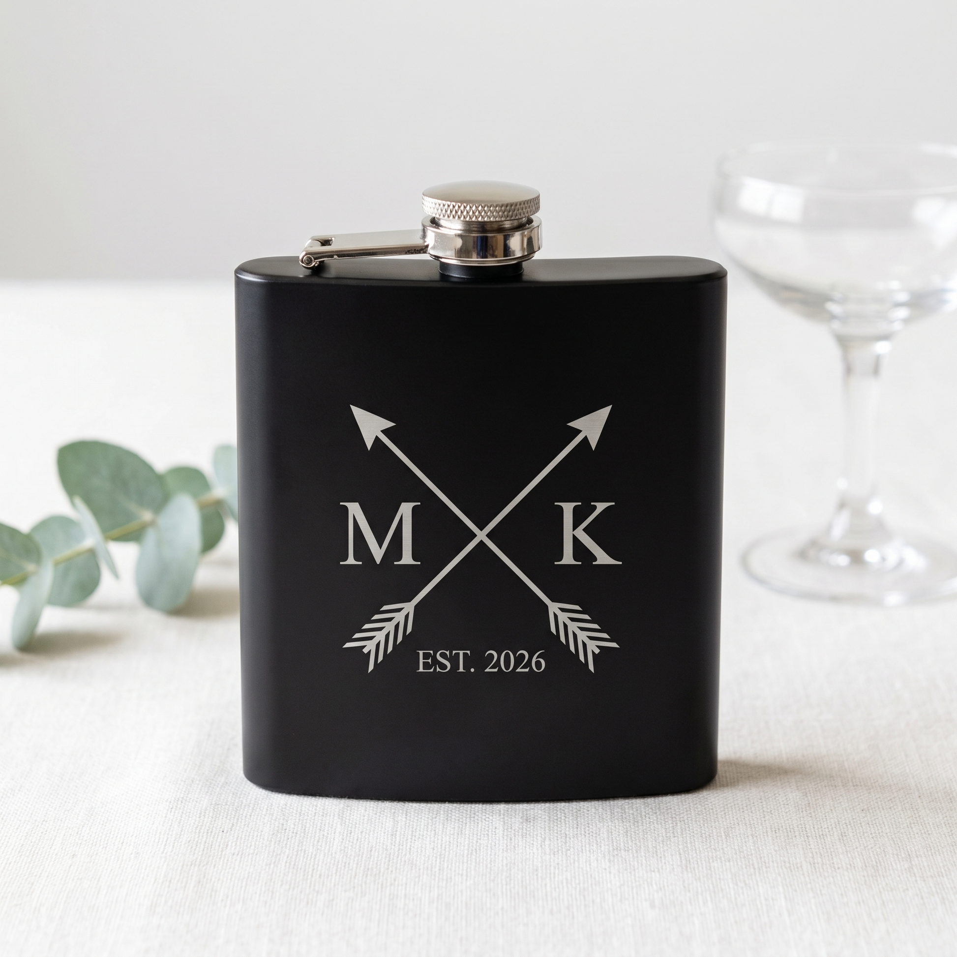 Engraved Black Powder Coated Flask - M and K crossed-arrows monogram with EST. 2026