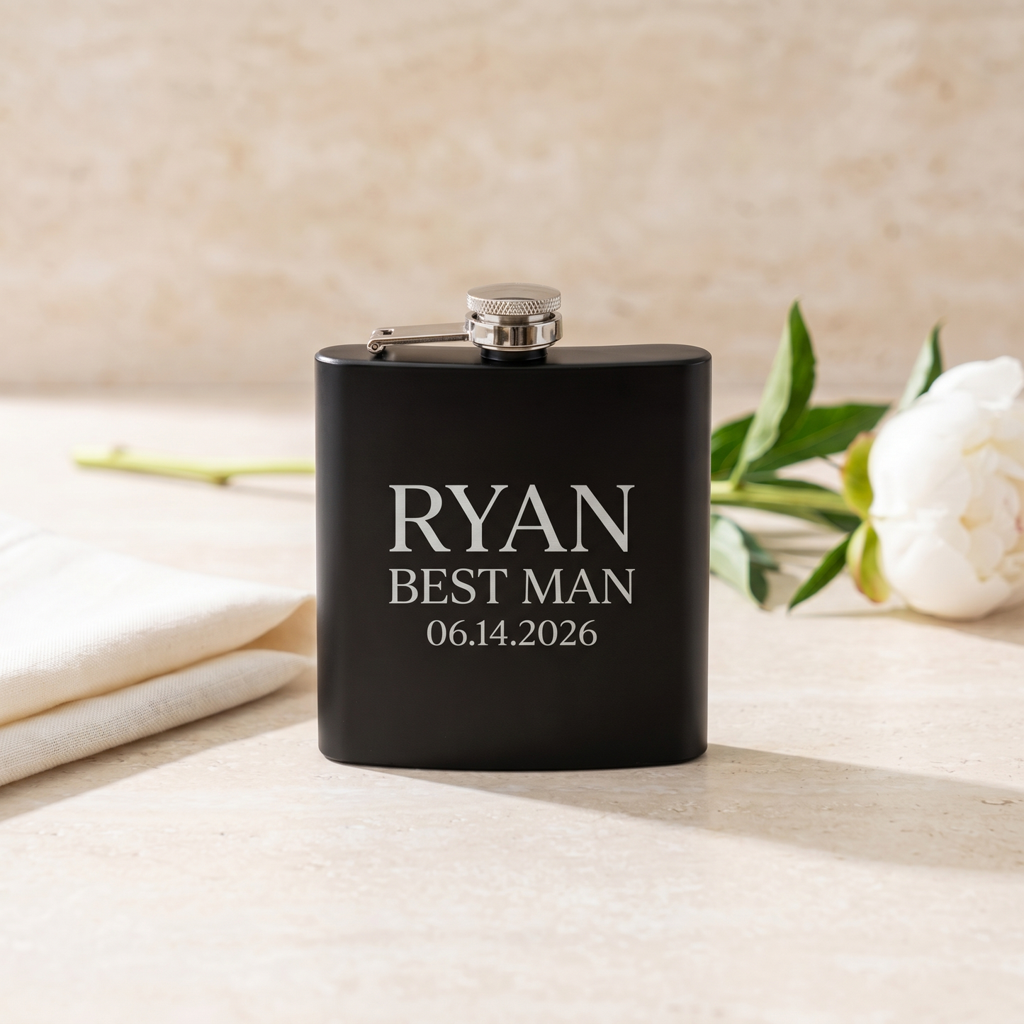 Engraved Black Powder Coated Flask - RYAN BEST MAN 06.14.2026 personalized groomsman flask