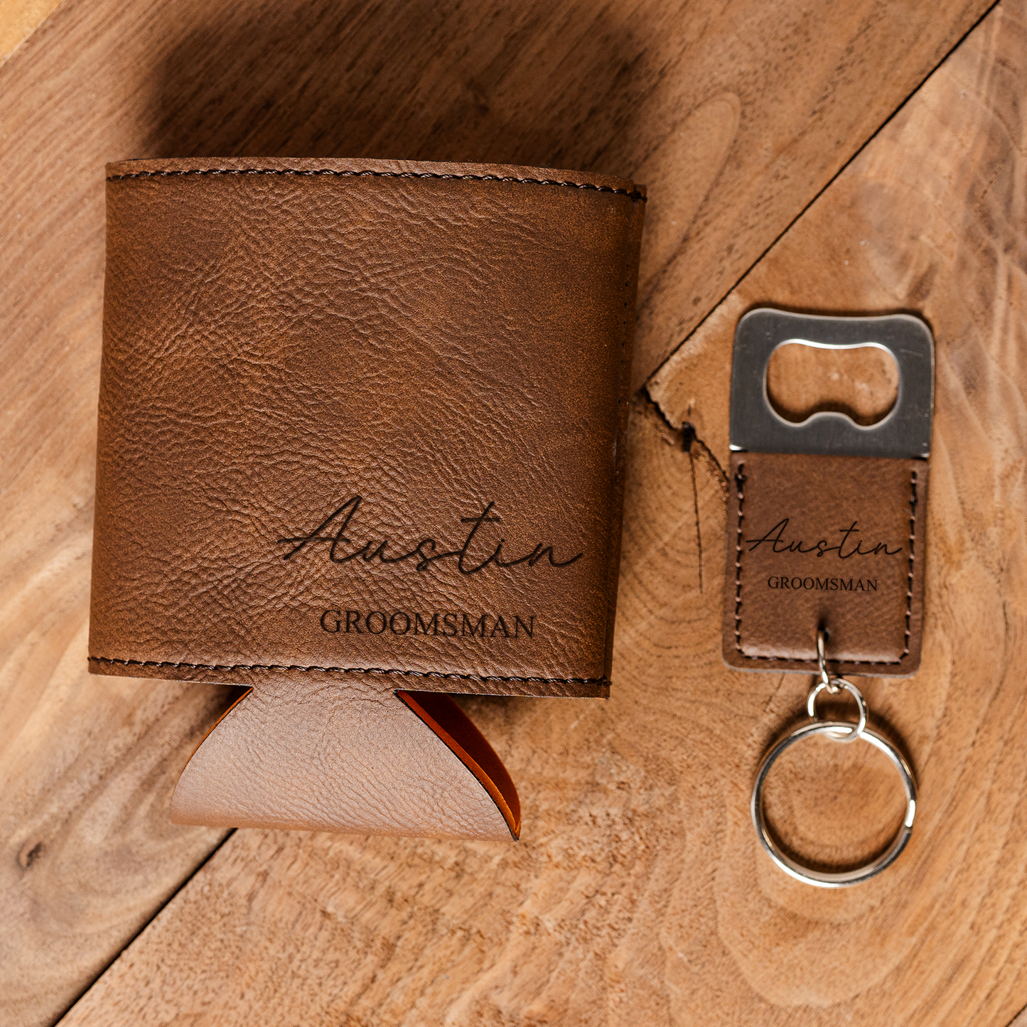 Custom groomsmen gift set bottle opener and can cooler view 12