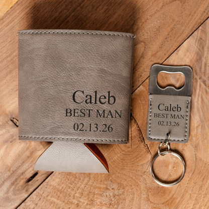 Personalized can cooler and bottle opener best man gift bundle view 15