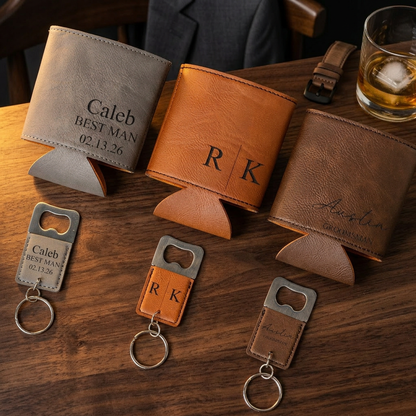 Custom Can Cooler and Bottle Opener Gift Set - personalized groomsmen gift