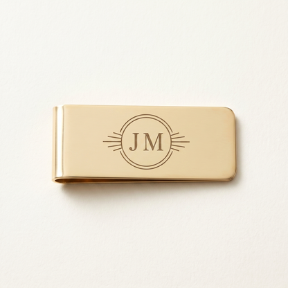 Engraved gold metal money clip with JM monogram - personalized groomsmen gift
