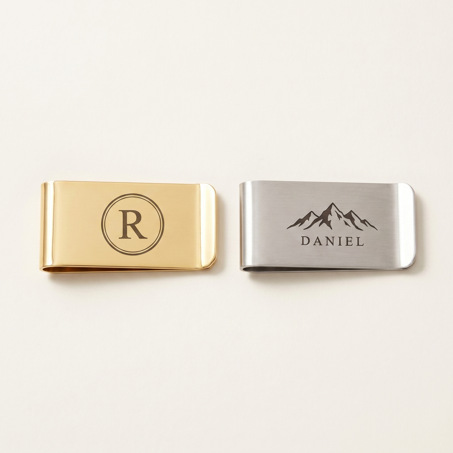 Engraved metal money clips in gold and silver with monogram and mountain designs