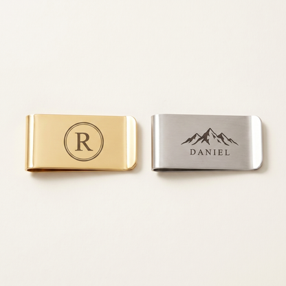 Engraved metal money clips in gold and silver with monogram and mountain designs