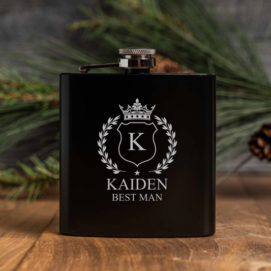 Groomsmen engraved black hip flask custom wedding design view 1