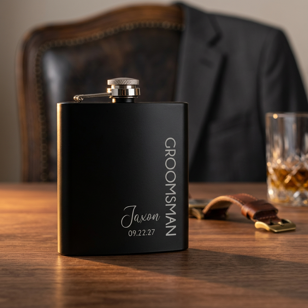 Engraved Groomsmen Black Powder Coated Flasks
