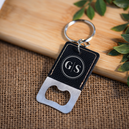 Engraved keychain bottle opener detail, wedding party gift