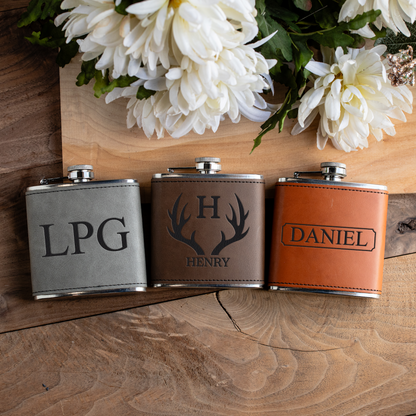 Engraved Leather Wrapped Stainless Steel Flasks