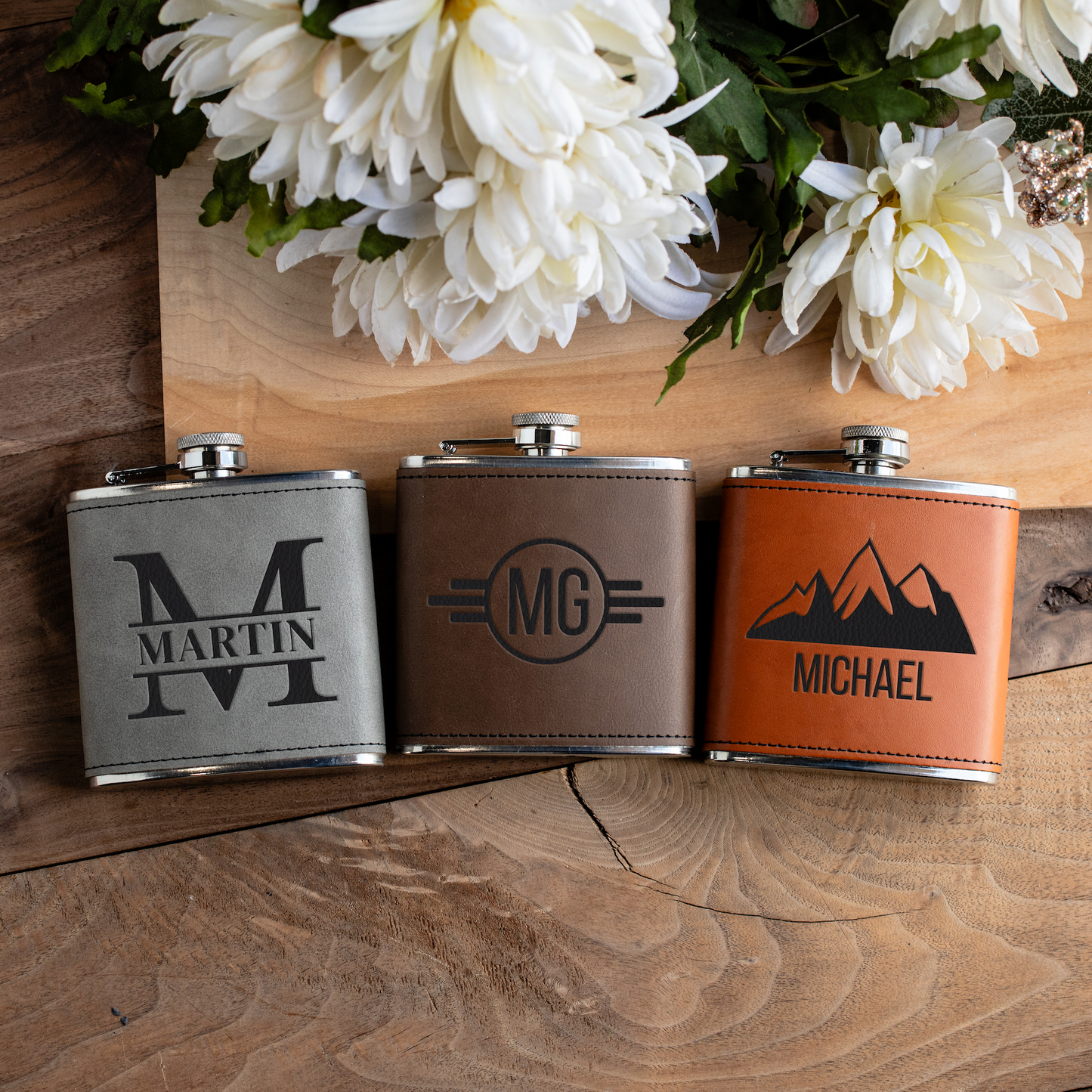 Engraved Leather Wrapped Stainless Steel Flasks