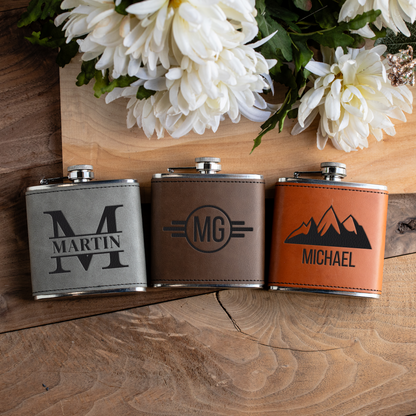 Engraved Leather Wrapped Stainless Steel Flasks
