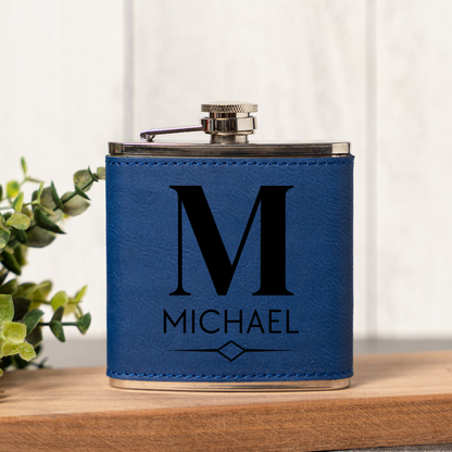Engraved Leather Wrapped Stainless Steel Flasks