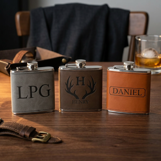 Engraved Leather Wrapped Stainless Steel Flasks