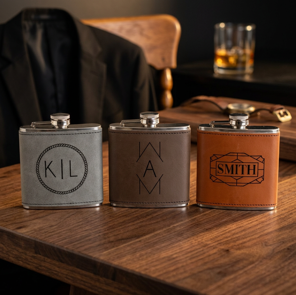 Engraved Leather Wrapped Stainless Steel Flasks - Reserve Collection