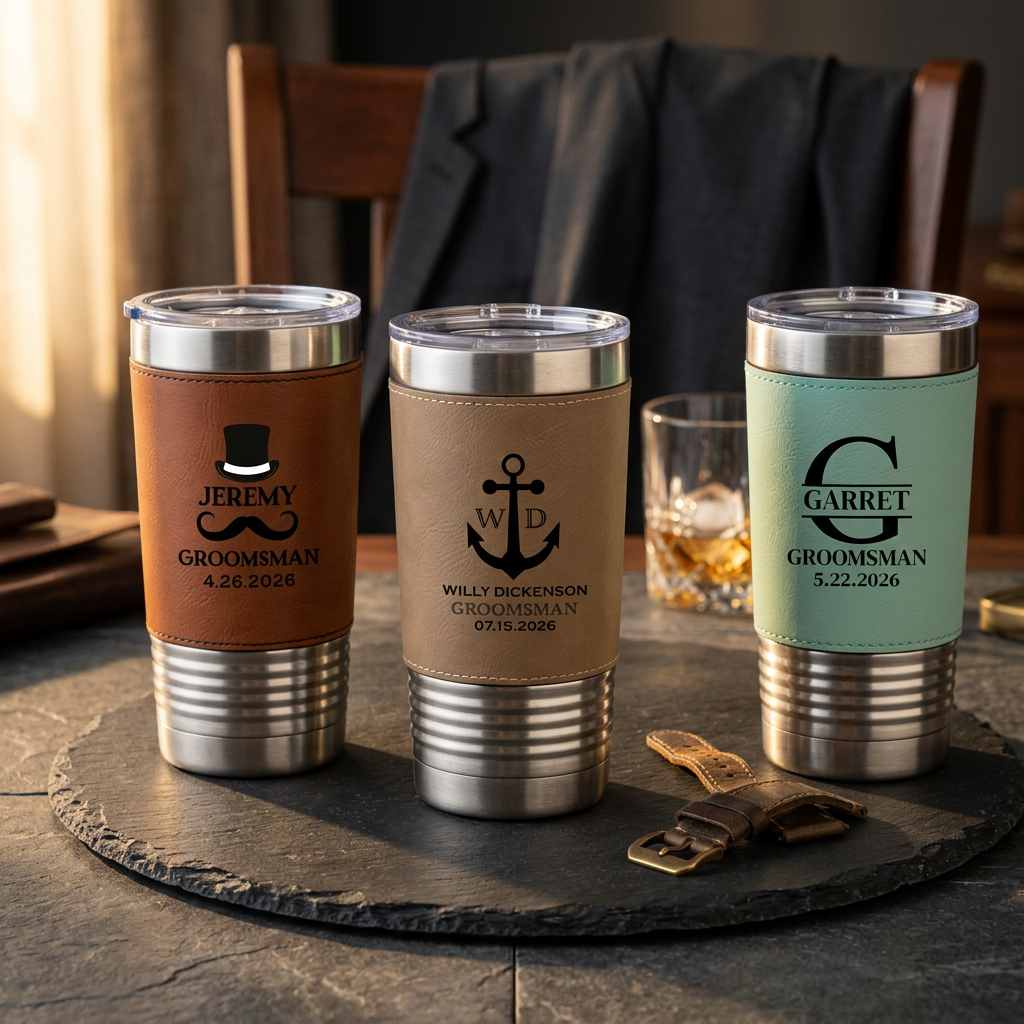 Engraved Leather Wrapped Stainless Tumblers - Groomsmen, Bridesmaids, Best Man