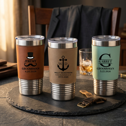 Engraved Leather Wrapped Stainless Tumblers - Groomsmen, Bridesmaids, Best Man
