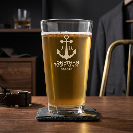 Engraved Pint Glass with wedding designs - personalized groomsmen gift