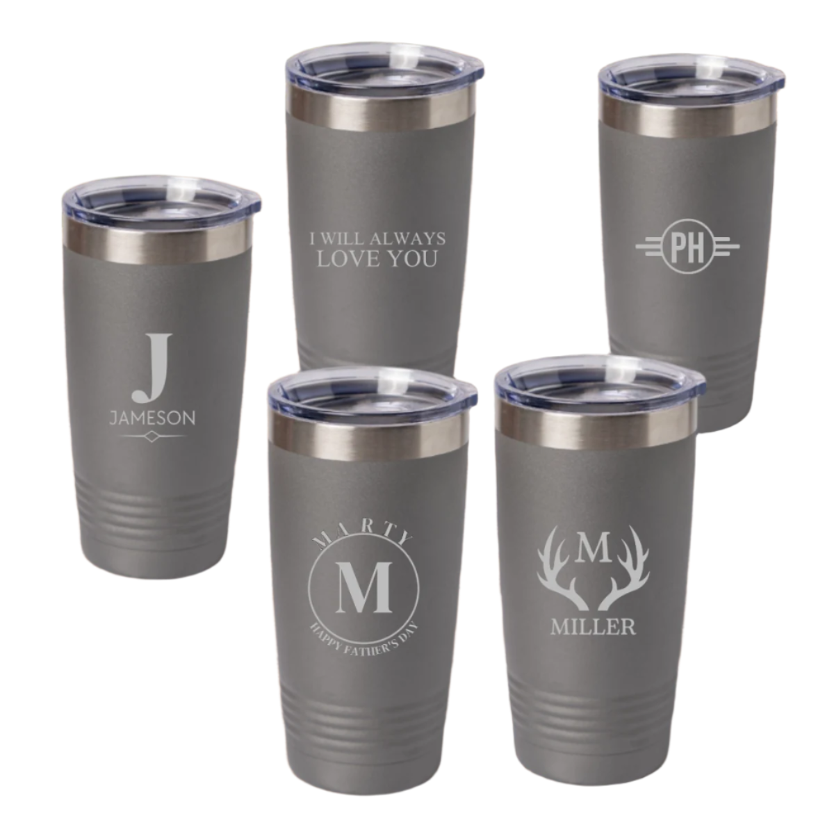 Set of 5 engraved 20oz tumblers in Grey - wedding party gift set