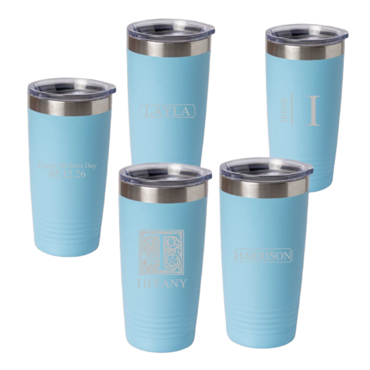 Set of 5 engraved 20oz tumblers in Light Blue - bridesmaid gift set