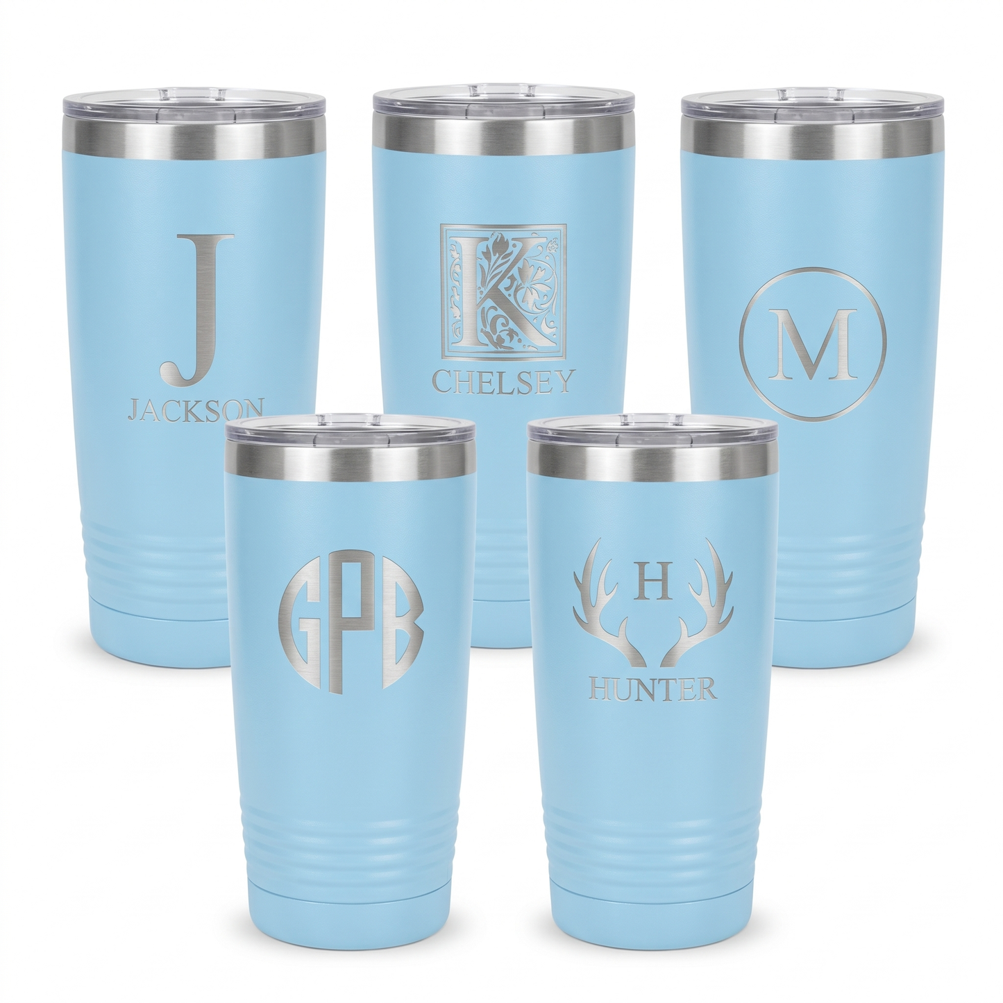 Engraved set of 5 baby blue 20oz tumblers with silver lip, personalized bridal party gift set