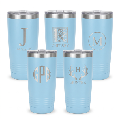 Engraved set of 5 baby blue 20oz tumblers with silver lip, personalized bridal party gift set