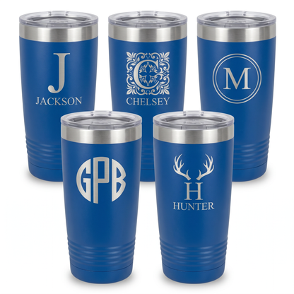 Engraved set of 5 royal blue 20oz tumblers with silver lip, personalized groomsmen gift set
