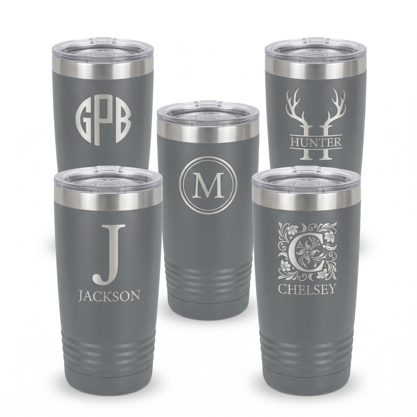 Engraved set of 5 grey 20oz tumblers with silver lip, personalized groomsmen gift set