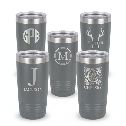 Engraved set of 5 grey 20oz tumblers with silver lip, personalized groomsmen gift set