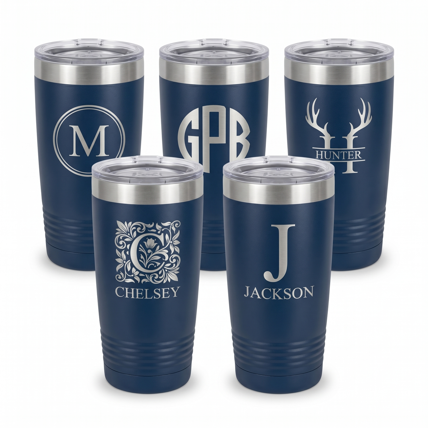 Engraved set of 5 navy blue 20oz tumblers with silver lip, each laser-engraved with a different name or monogram