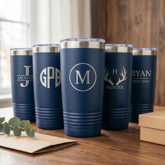 Set of 5 engraved navy tumblers styled as a groomsman proposal gift with names and roles